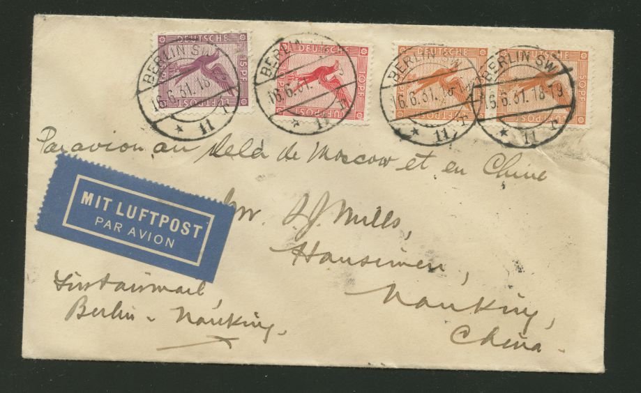 1931 June 16 First Flight Cover, Berlin to Nanking leg of Berlin to Shanghai return flight with all the right transits marks Starr Mills 42 (2 images)