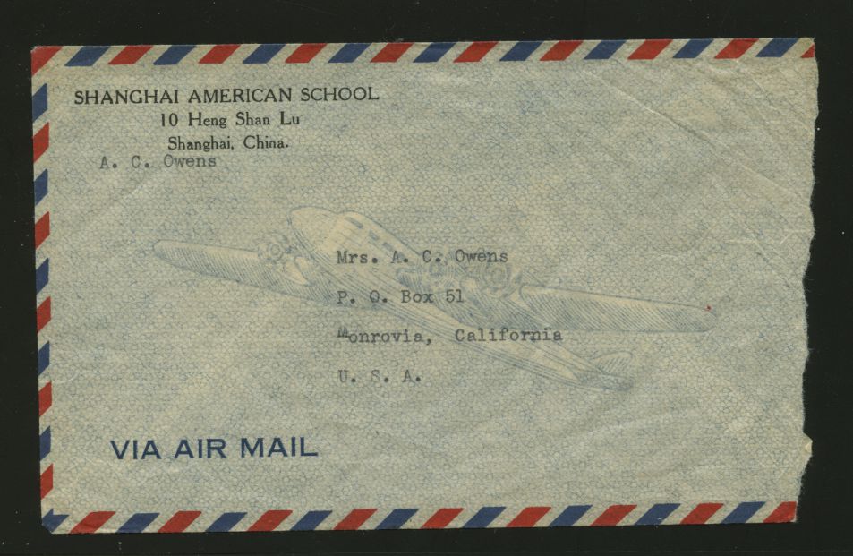 1948 Dec. 22, Shanghai $18 Gold Yuan airmail to USA, 19 day rate, rough opening at side (2 images)