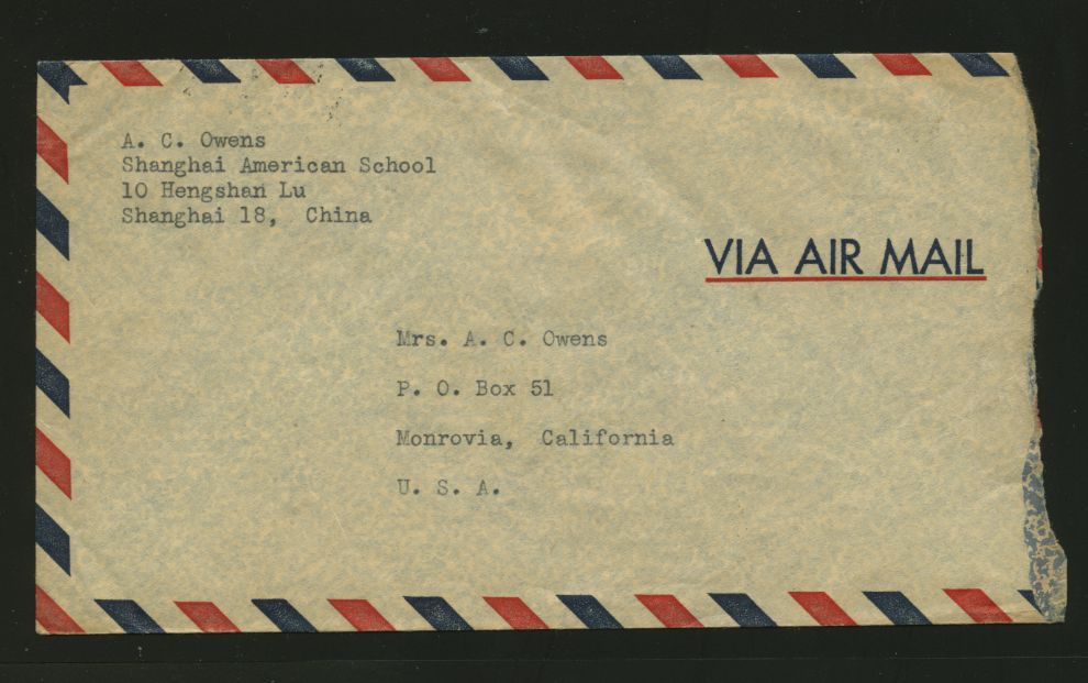 1948 Dec. 3, Shanghai $7 Gold Yuan airmail to USA, opened at side (2 images)