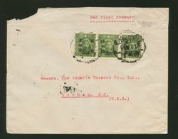1947 Feb. 21 Shanghai $300 surface to USA franked with Scott 674 x3 Very Scarce On Cover, torn twice at top (2 images)