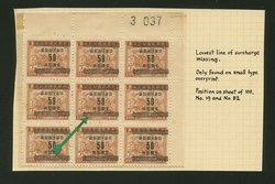 913a variety CSS 1302 variety of center stamp missing bottom line of bottom decorative panel in block of four with double perforations at left (Wm. E. Jones collection)