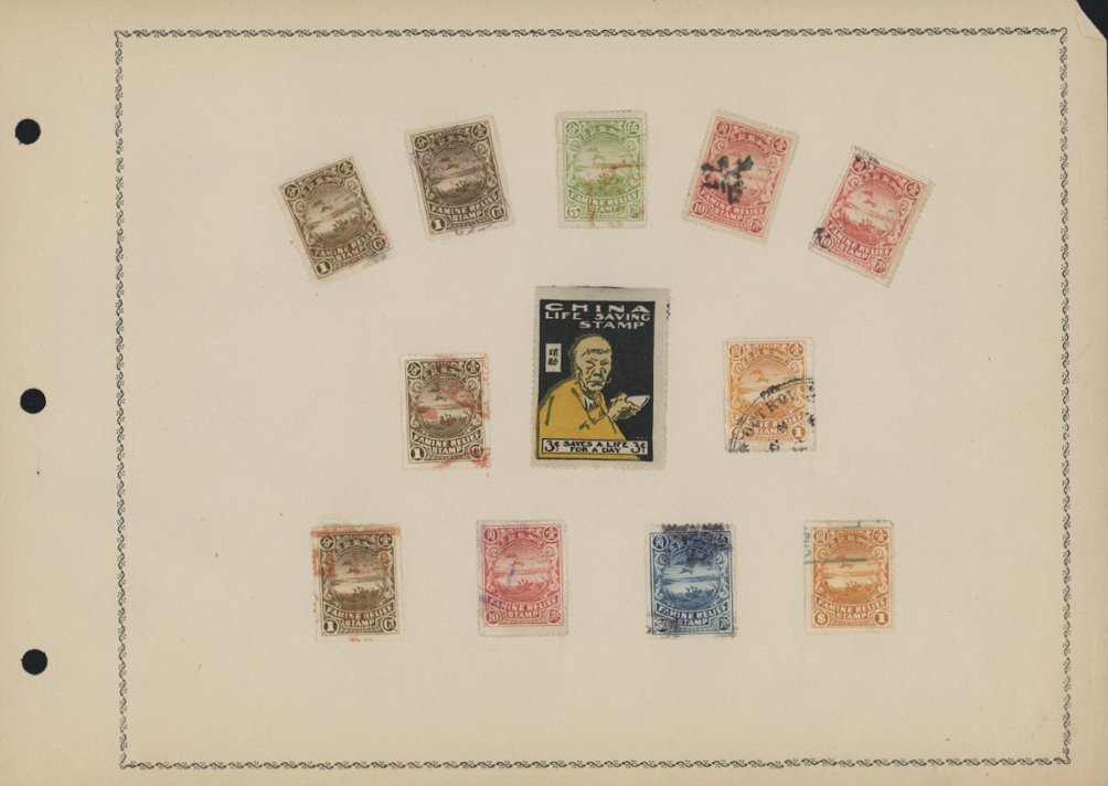 Famine Relief stamps to the $1 and a label on page