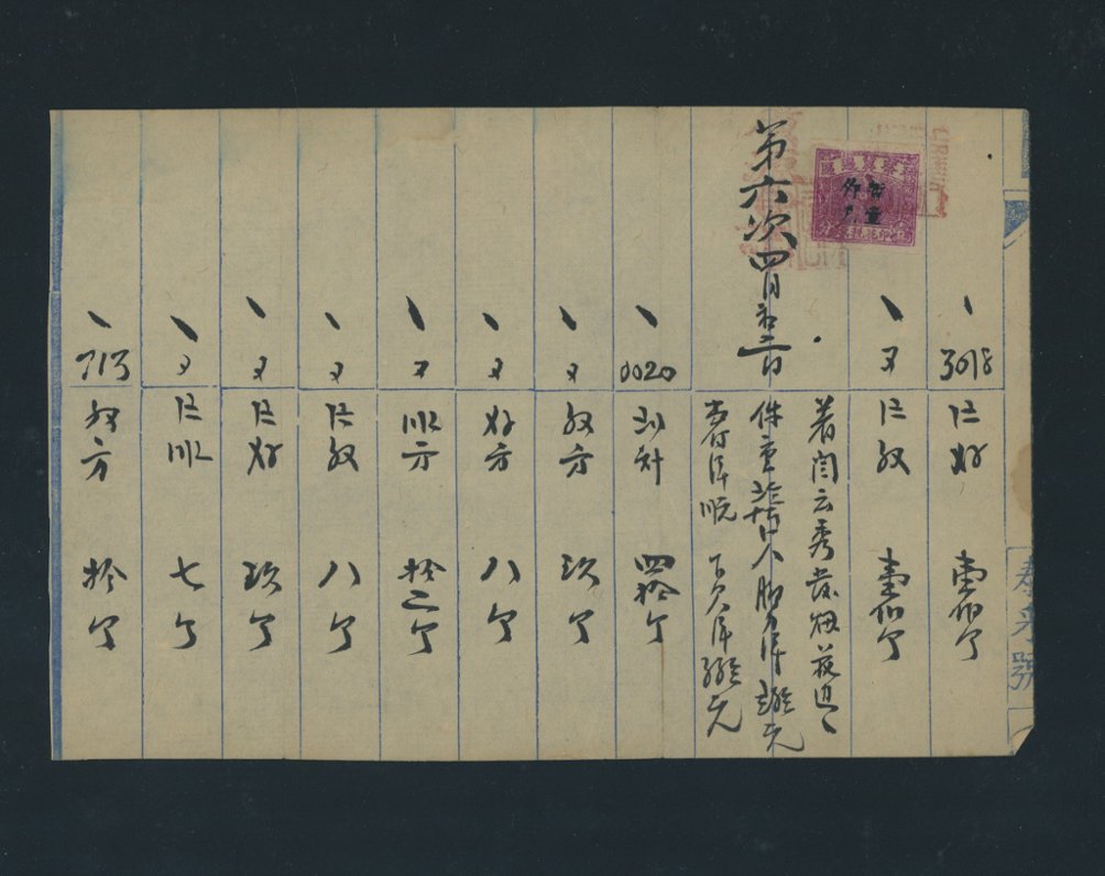 Revenue - Shanxi-Chahar-Hebei Border Region General Catalog 3-1 of 1938 with 1941 10c surcharge, on document