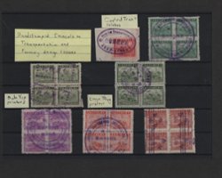 Transportation and farming design and hand stamped cancels on 10 blocks four and 14 singles, 41 total (2 images)
