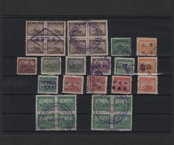Transportation and farming design and hand stamped cancels on 10 blocks four and 14 singles, 41 total (2 images)