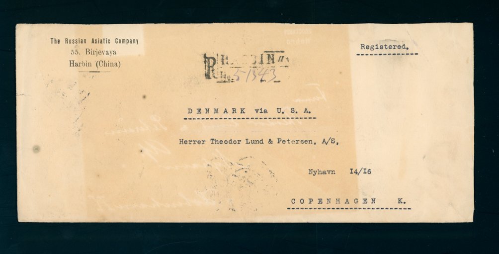 Cover - Sept. 5, 1923 registered Harbin to Denmark via USA with a wax seal (2 images)