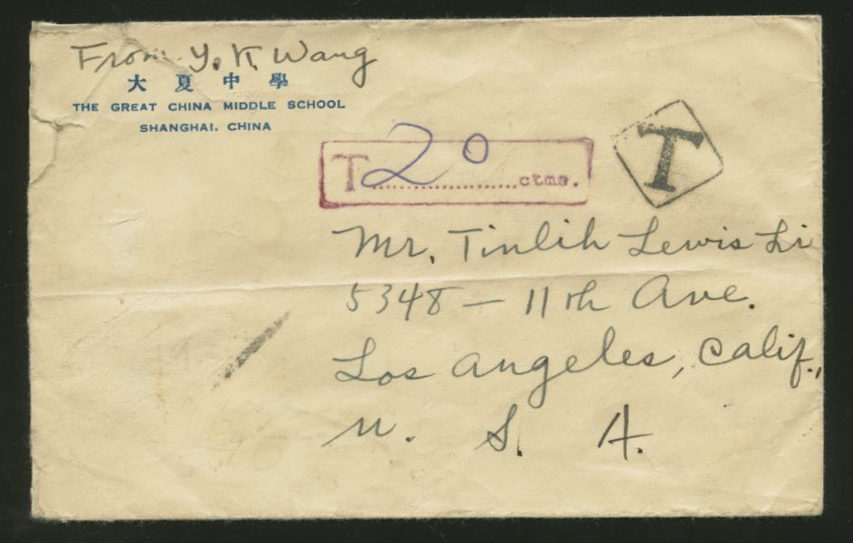 1921 Dec. 1, Shanghai 10c surface to USA with torn stamps and postage due chops (2 images)