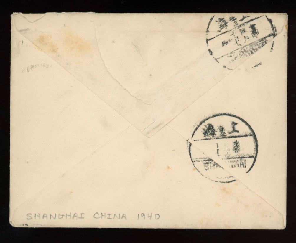 1940 Shanghai local cover addressed to Miss. Peck c/o Col. J. Dewitt Peck (U.S. 4th Marine Commander) with NCB perfin (2 images)