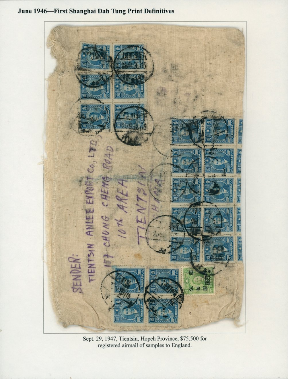 645 and a single 689 on a fabric bag, probably containing samples of feathers, sent to England