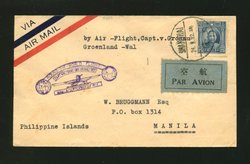 1932 Sept. 24 Shanghai 25c for Flight Sept. 25 Von Gronau Round-the-World Flight, Shanghai to Hong Kong and Manila, rec'd. Manila Sept. 27. This is one of only 111 covers carried on this leg of the flight and only one of 16 that received the Sept. 27 Manila back stamp. (2 images)