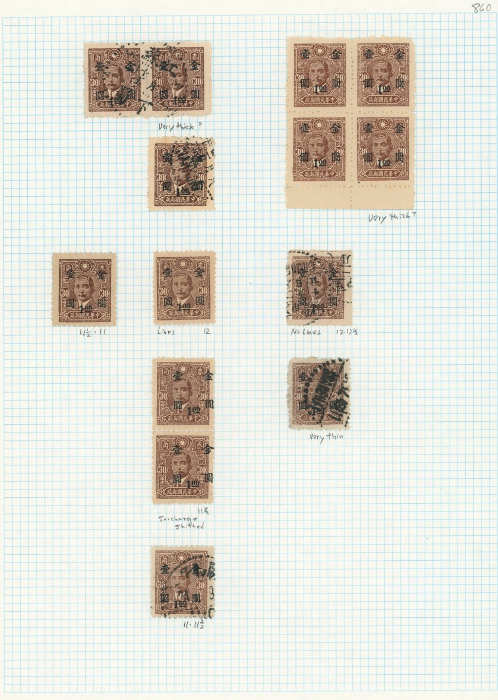 860 14 stamp study of paper, perforation and other varieties on page, includes a vertical pair with surcharge shifted to the right