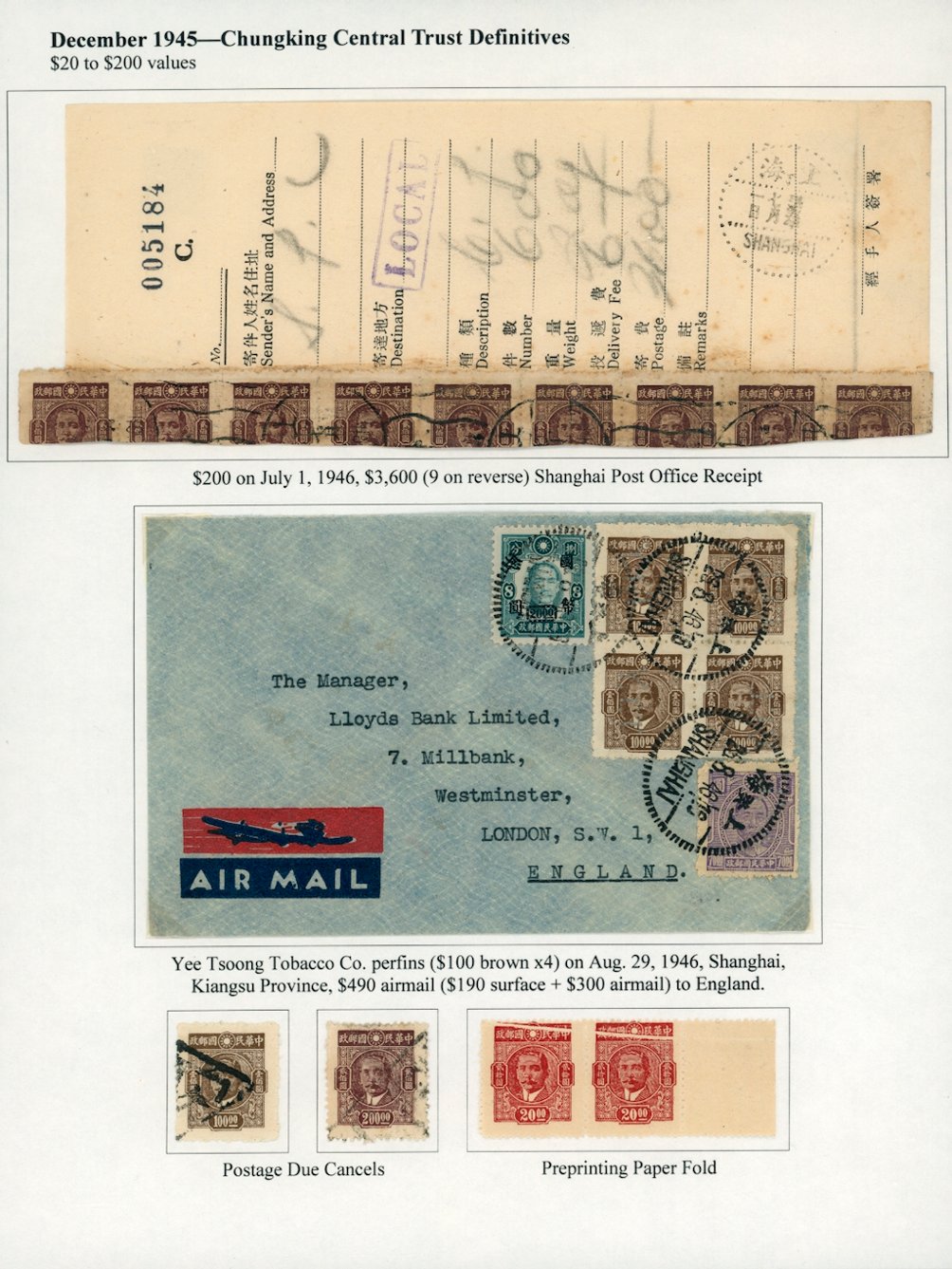 Chungking Central Trust - 629 in Shanghai Post Office Receipt for bulk mailing, a cover from Shanghai to England, two with postage due cancels and a pair of 625 with a paper fold at the top