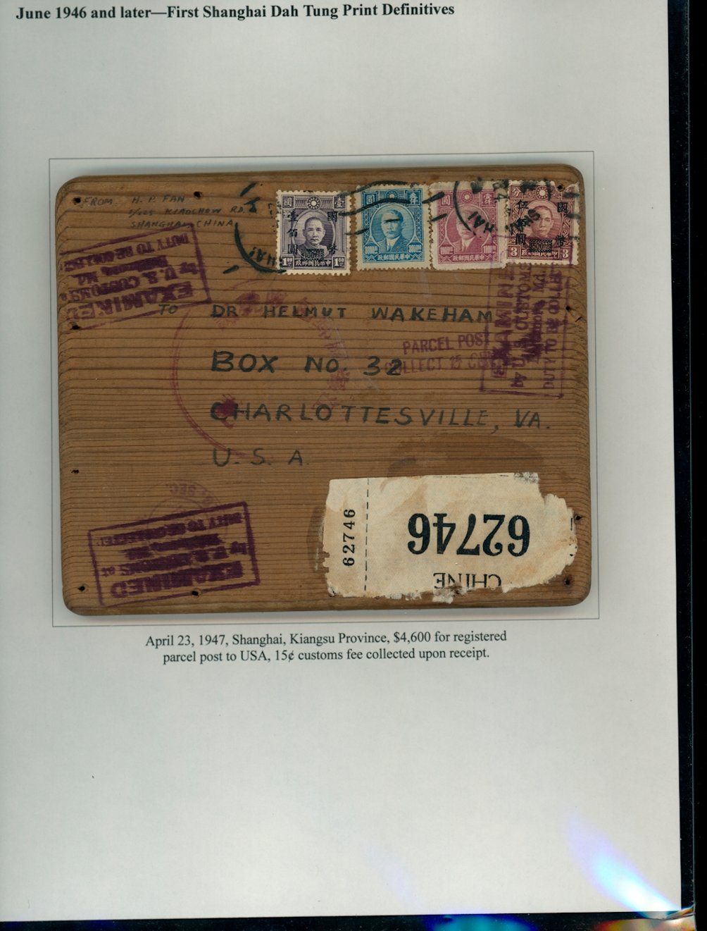 644 and 645 with others on a box lid, probably containing samples of tea, to the USA