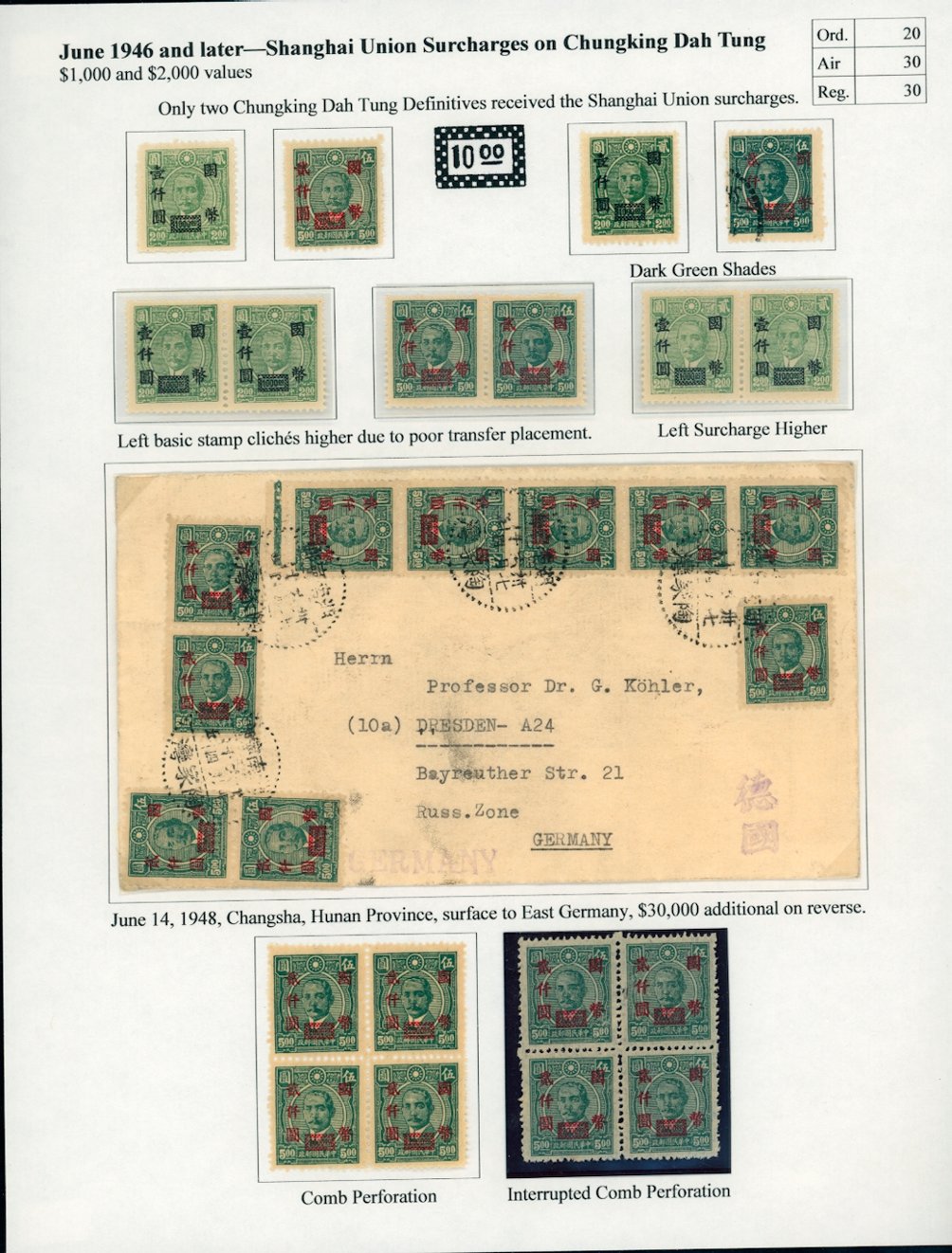 695 and 697 varieties (CSS 1056, 1056a x2, 1057, 1057a and 1057b varieties) and a Changsha to East Germany cover