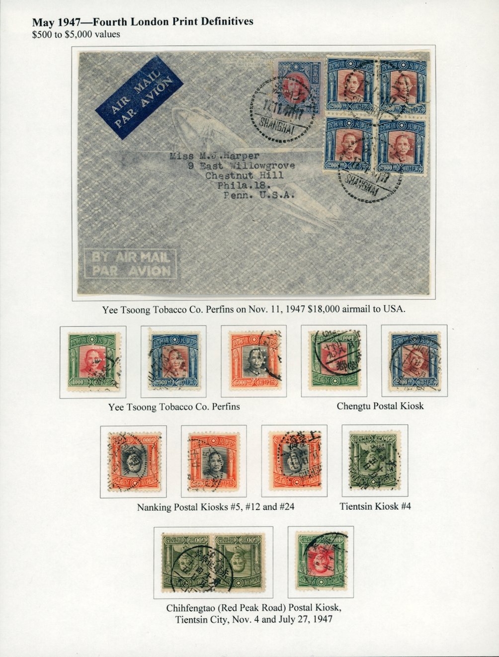 737-40 CSS 1131-34 with seldom seen cancels, YTT perfins and a 1947 cover to USA with five YTT perfins