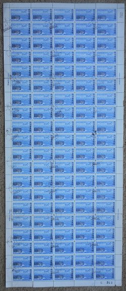 C61 CSS 100 in full sheet of 100 (5 x 20) with faint Shanghai cancels, containing two "crack in left horizontal stabilizer" CSS AM 100b at pos. 30 and 80/100, perf. separations
