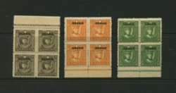 Sinkiang 102-03 and 143 varieties CSS SK 144-46 Peking Overprint on Low Type basic stamps in blocks of four with Printer's Imprints, but top two stamps LH