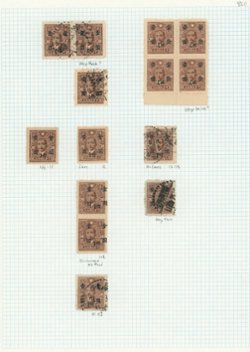 860 14 stamp study of paper, perforation and other varieties on page, includes a vertical pair with surcharge shifted to the right