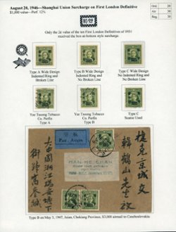 691 varieties CSS 1023-1025 Types A, B and C, a Type B on a 1947 Juian, Chekiang Province, to Czechoslovakia cover and two YTT perfins