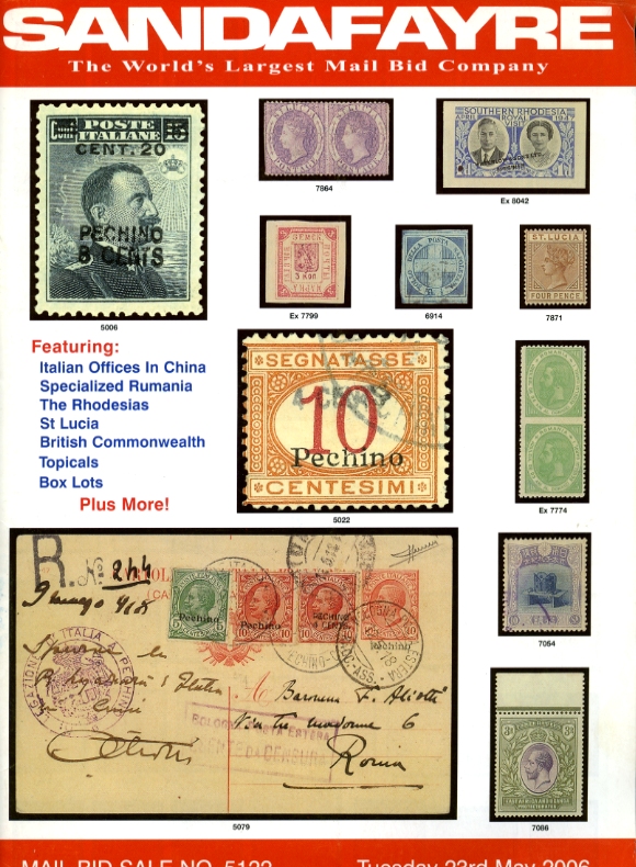 Sandafayre Mail Bid Sale No. 5122 auction catalog (5/2006). Begins with 130 lots of Italian Offices in China. In very good condition. (10 oz.)