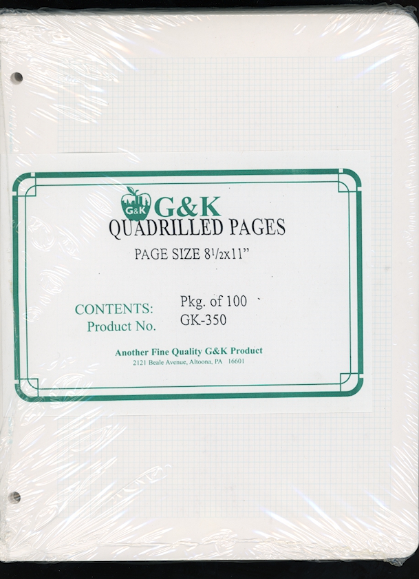 G & K Quadrilled Pages 8.5 x 11 acid free, three hole punched, new packet of 100